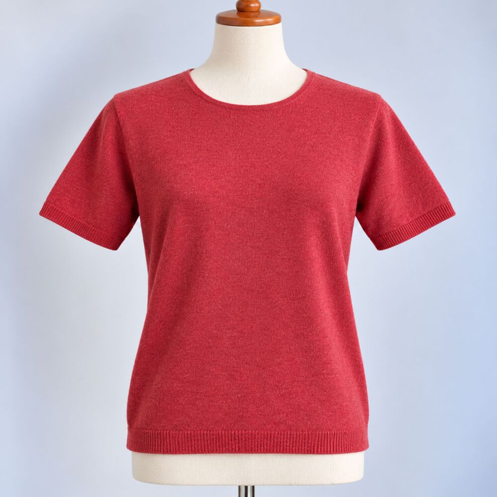 Lands End Womens L 14-16 100% Cashmere Sweater Red Short Sleeve Crewneck